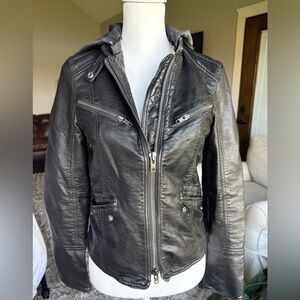 We The Free XS Black Vegan Leather Biker Style Jacket with Sweatshirt Hood